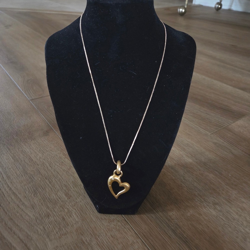 Gold Tone Open Heart Pendant Necklace Crystal Accents Snake Chain Minimalist